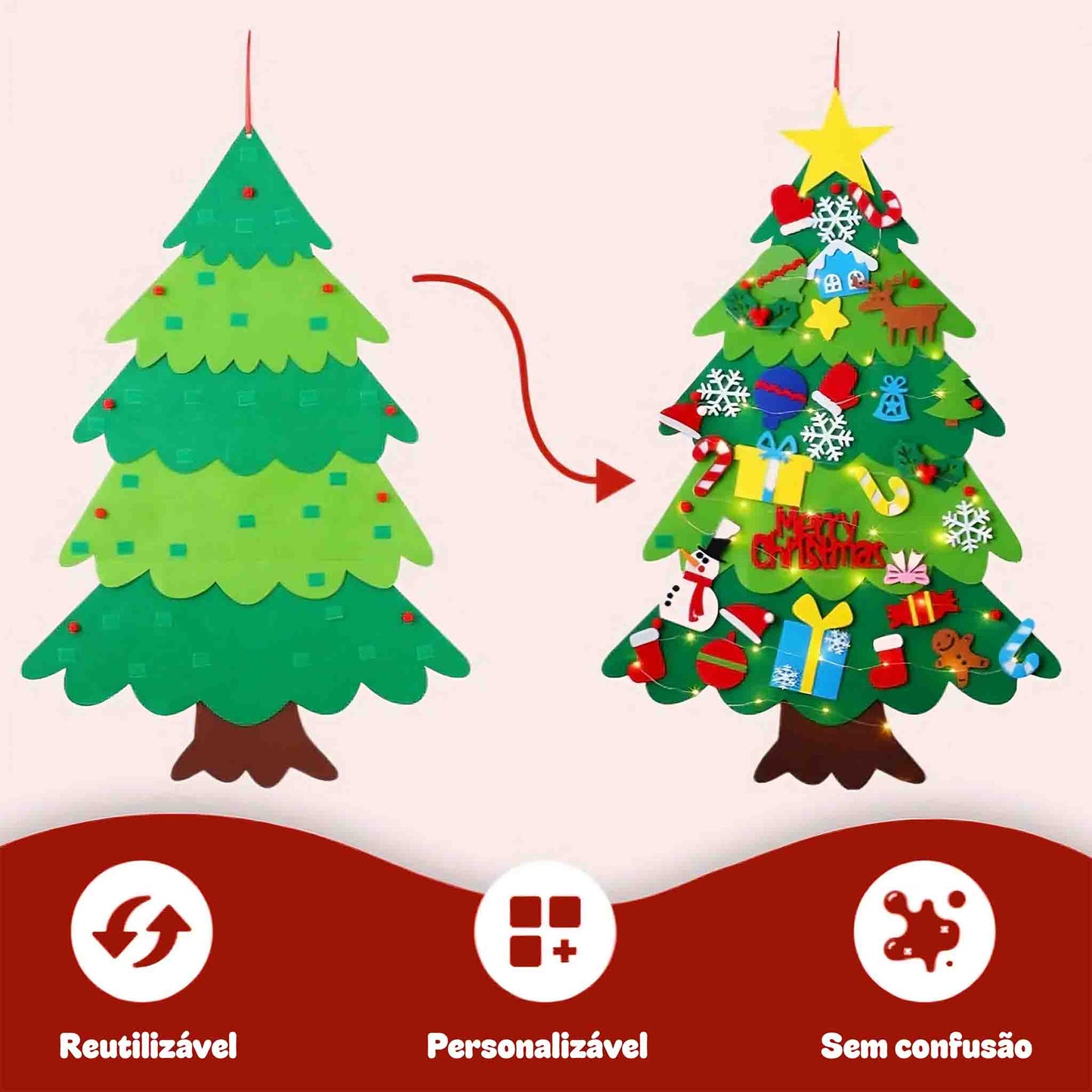 Árvore de 1m + 25 Enfeites + Luzes LED de 3m